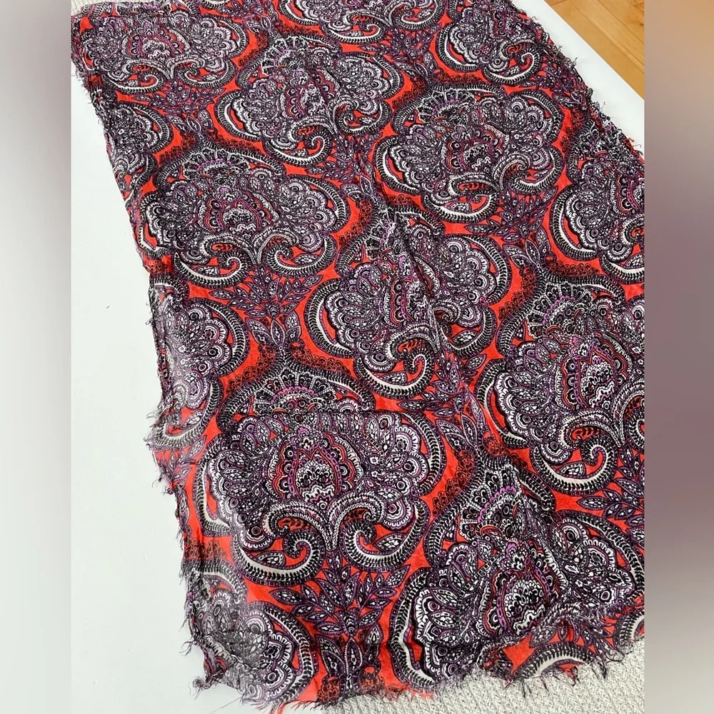 The Limited Violet Orange White Paisley Print Sheer Fringe Wrap Scarf